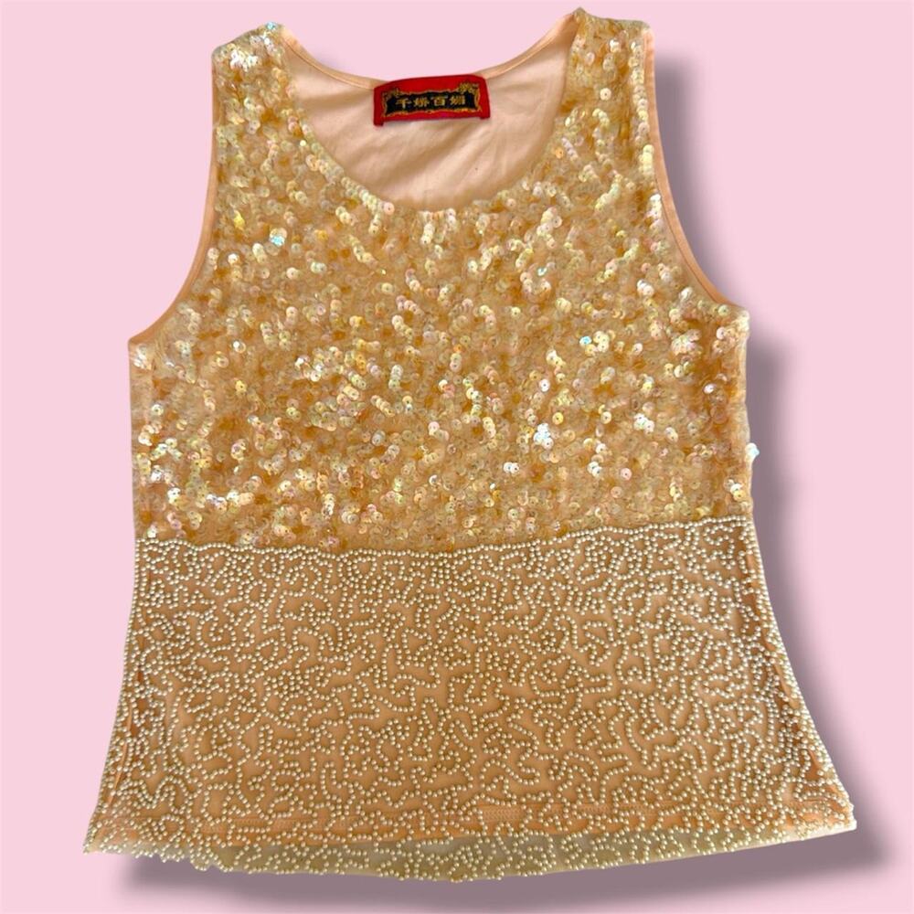 Fairycore & mermaidcore Gold sequin and pearl embellished Micromesh top